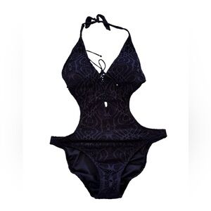RALPH LAUREN Black Lace Monokini One-Piece Swimsuit Lowcut Back Side Cutouts